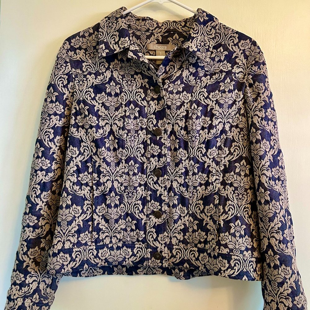 Chicos Blue Tan Cotton Jacket + Pockets Size 1 Medium 8-10